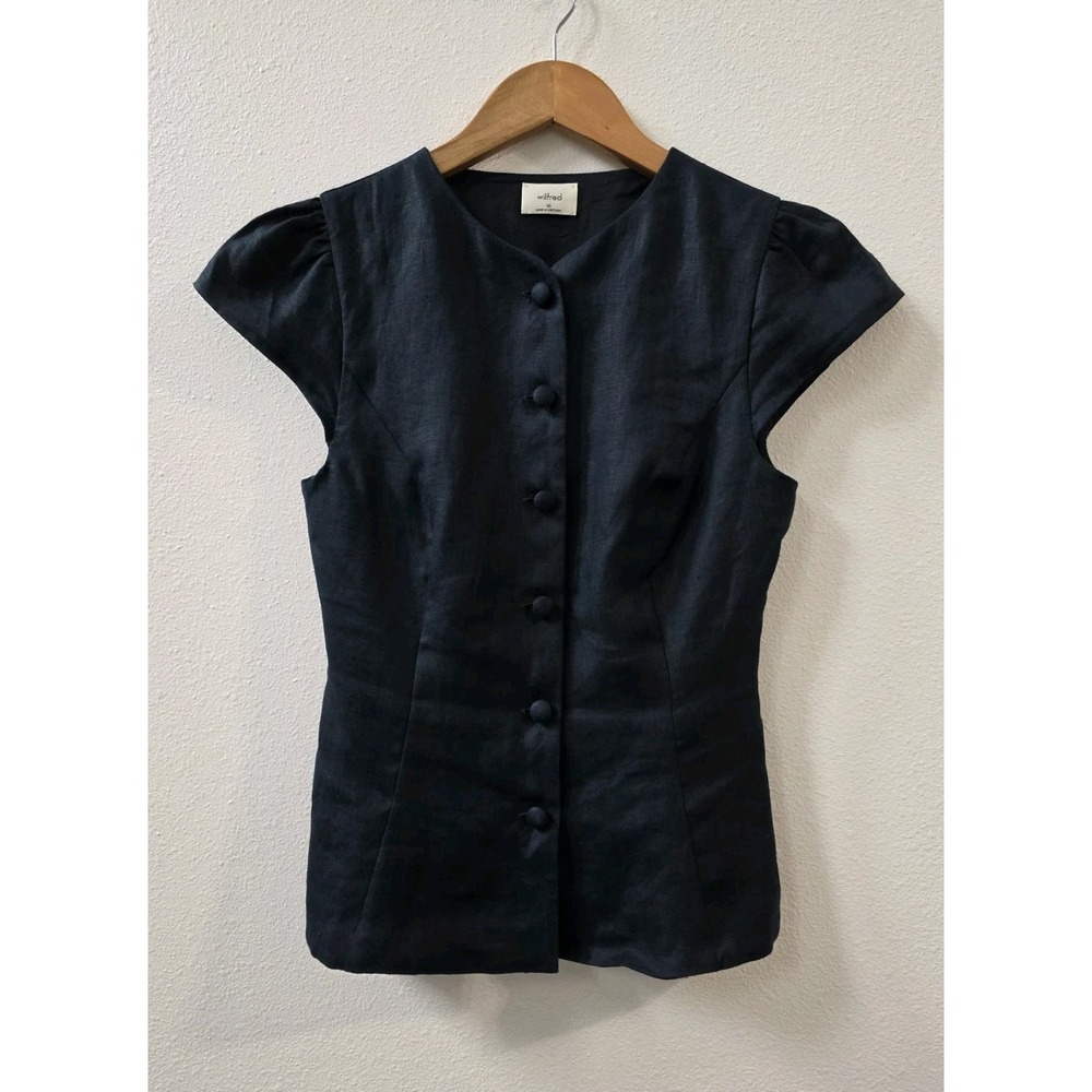 Wilfred Aritzia 100% Linen Button Front Top Cap Sleeve Size XS Dark Night Navy
